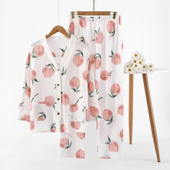 Jaapani Naiste Pidžaama Komplekt Puuvillane Krepp Õhuke Pikk Varrukas Püksid Kaks Tööd Armas Kampsun, Kodus Kandma Pidžaamad Sleepwear