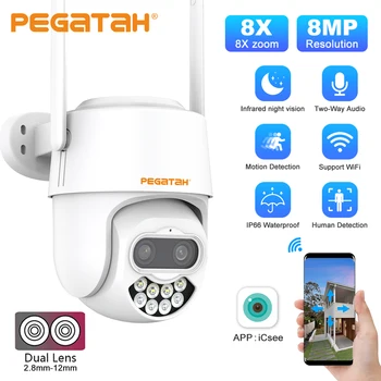 PEGATAH 8MP 4K Dual Lens WIFI PTZ IP 8x Hübriid Zoom Väljas AI Keha Avastamise Audio Järelevalve IP Kaamera Öise Nägemise Värv
