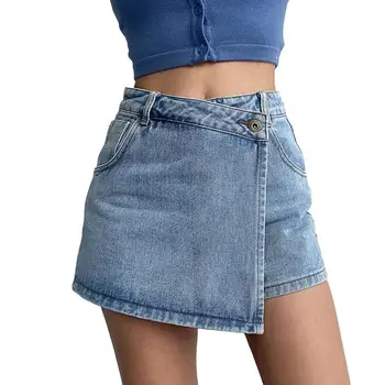 Mini Denim Seelik, lühikesed Püksid Naiste-line Võltsitud Kaks-töö Kõrge Vöö-Kõhu Kontrolli Slim Vintage Suvel Asümmeetriline Õpilane lühikesed Püksid