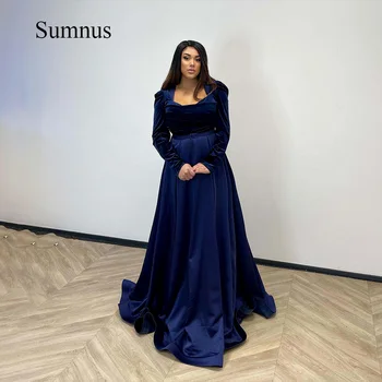 Navy Blue Velvet Joon Saudi araabia Õhtul Kleidid, Pikad Varrukad Satiin Mõõdus Dubai Ametlik Pulmapidu Kleit koos Vöö